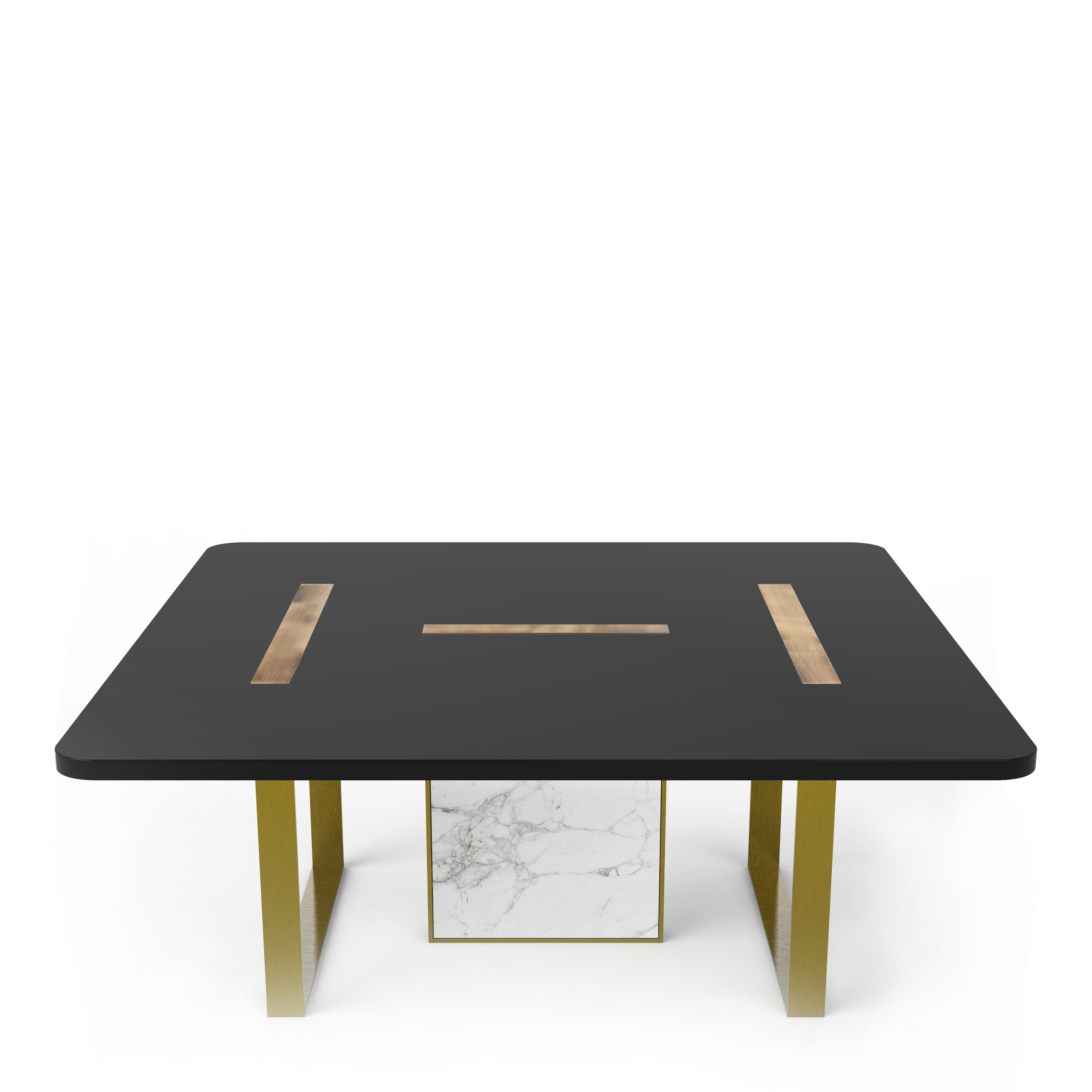 Square dining table manufactured in lacquered wood with brushed brass inserts. MARIONI Furniture lighting and accessories made in Italy